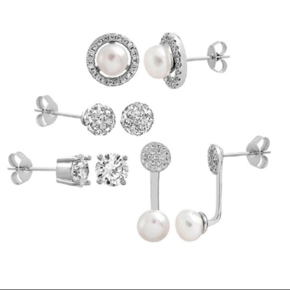Pearl & CZ Ball Interchangeable Earrings Set